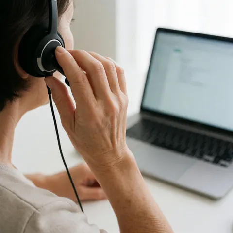 Close-up of an adult adjusting over-ear headphones with a microphone while using a laptop in a home office setting for a video call