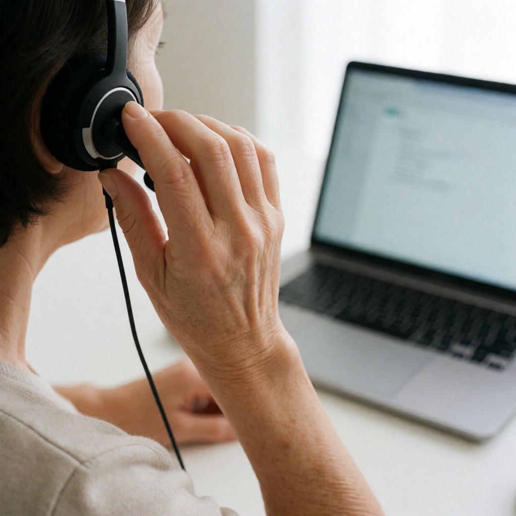 Close-up of an adult adjusting over-ear headphones with a microphone while using a laptop in a home office setting for a video call
