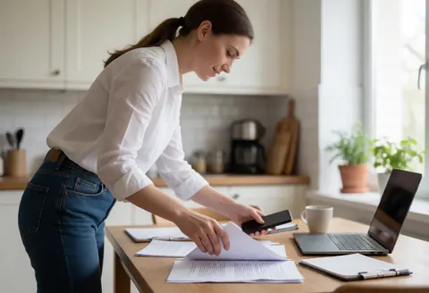 A woman stands in a kitchen organizing papers and using her smartphone, with an open laptop on the table and natural daylight illuminating the home office setup.