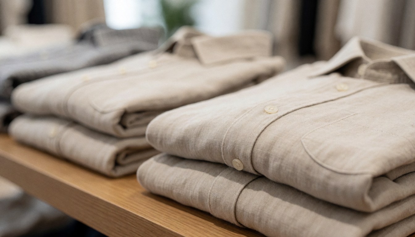 Neatly folded linen shirts arranged on a wooden shelf with a soft blurred background, creating an elegant and minimalist aesthetic suitable for clothing store advertising.