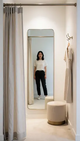 Interior of a clothing store fitting room featuring a mirror, linen curtain, armchair, and a dress hanging on a rack with soft professional lighting