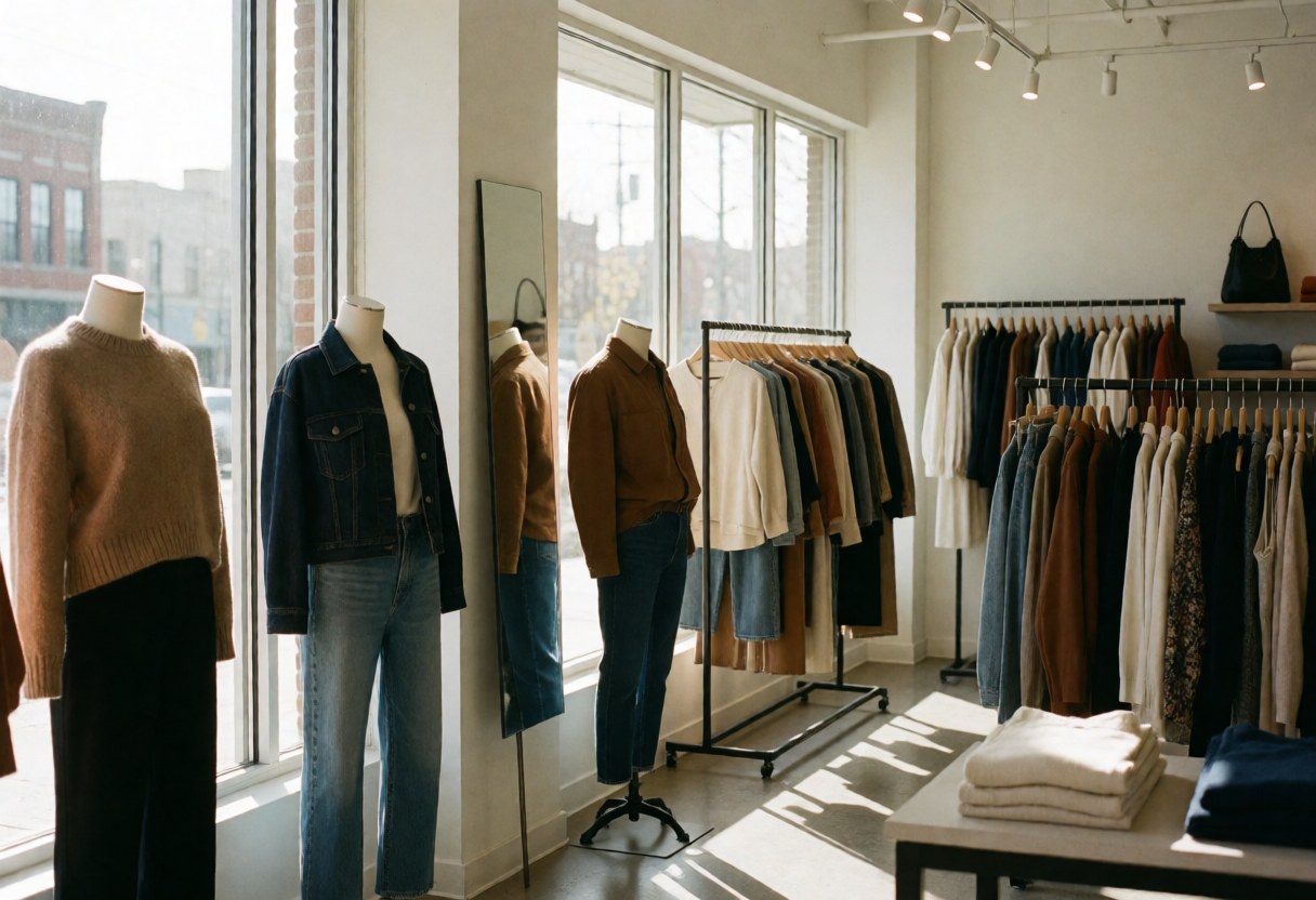 Interior of a modern clothing boutique featuring dressed mannequins, racks of apparel, and large windows letting in bright sunlight for a clean atmosphere.
