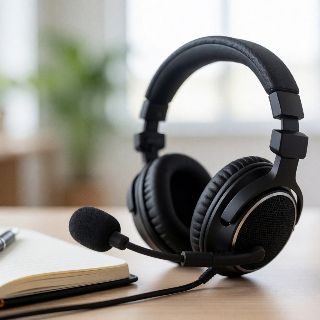 Professional headset with microphone resting on a wooden desk next to an open notebook, ideal for remote work and video calls.