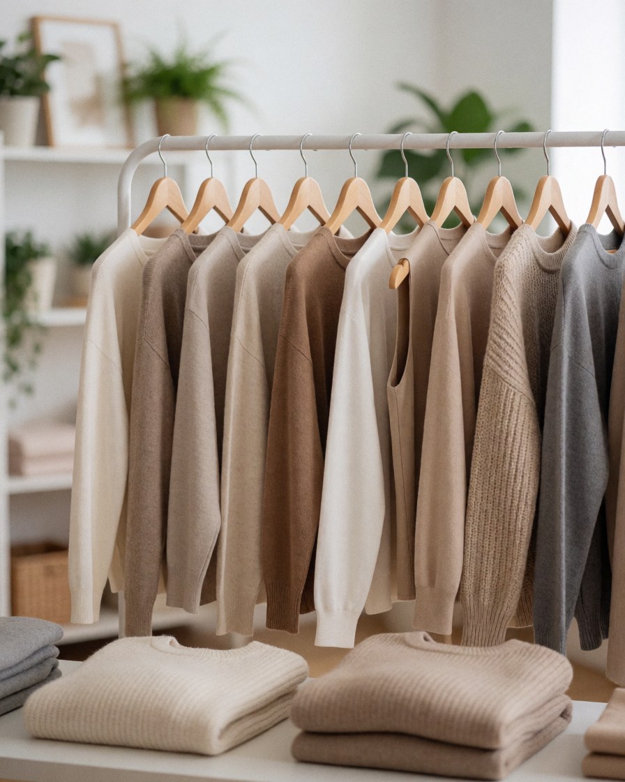 Rack of neutral sweaters in a boutique clothing store with plants and shelves in the background, clean and professional atmosphere