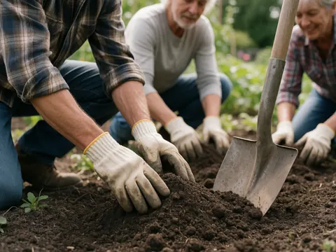 Close-up of gardening gloves and a shovel resting on rich soil, symbolizing community gardening and volunteer work in a nonprofit setting.