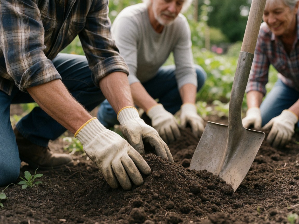 Close-up of gardening gloves and a shovel resting on rich soil, symbolizing community gardening and volunteer work in a nonprofit setting.