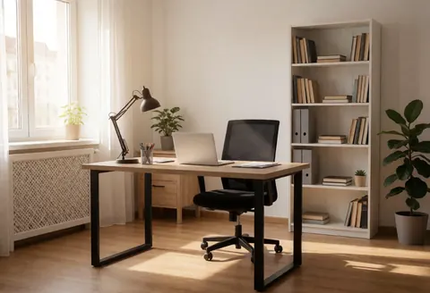 Bright home office featuring a desk, chair, bookshelf, and window with natural light, creating a tidy and peaceful workspace for remote work.