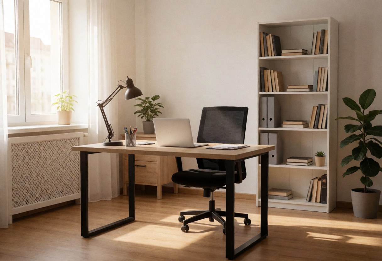 Bright home office featuring a desk, chair, bookshelf, and window with natural light, creating a tidy and peaceful workspace for remote work.