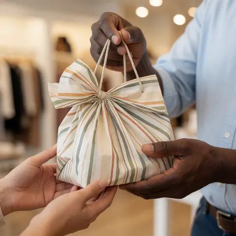 A customer at a clothing store receives a branded shopping bag from a sales associate after completing a purchase transaction.
