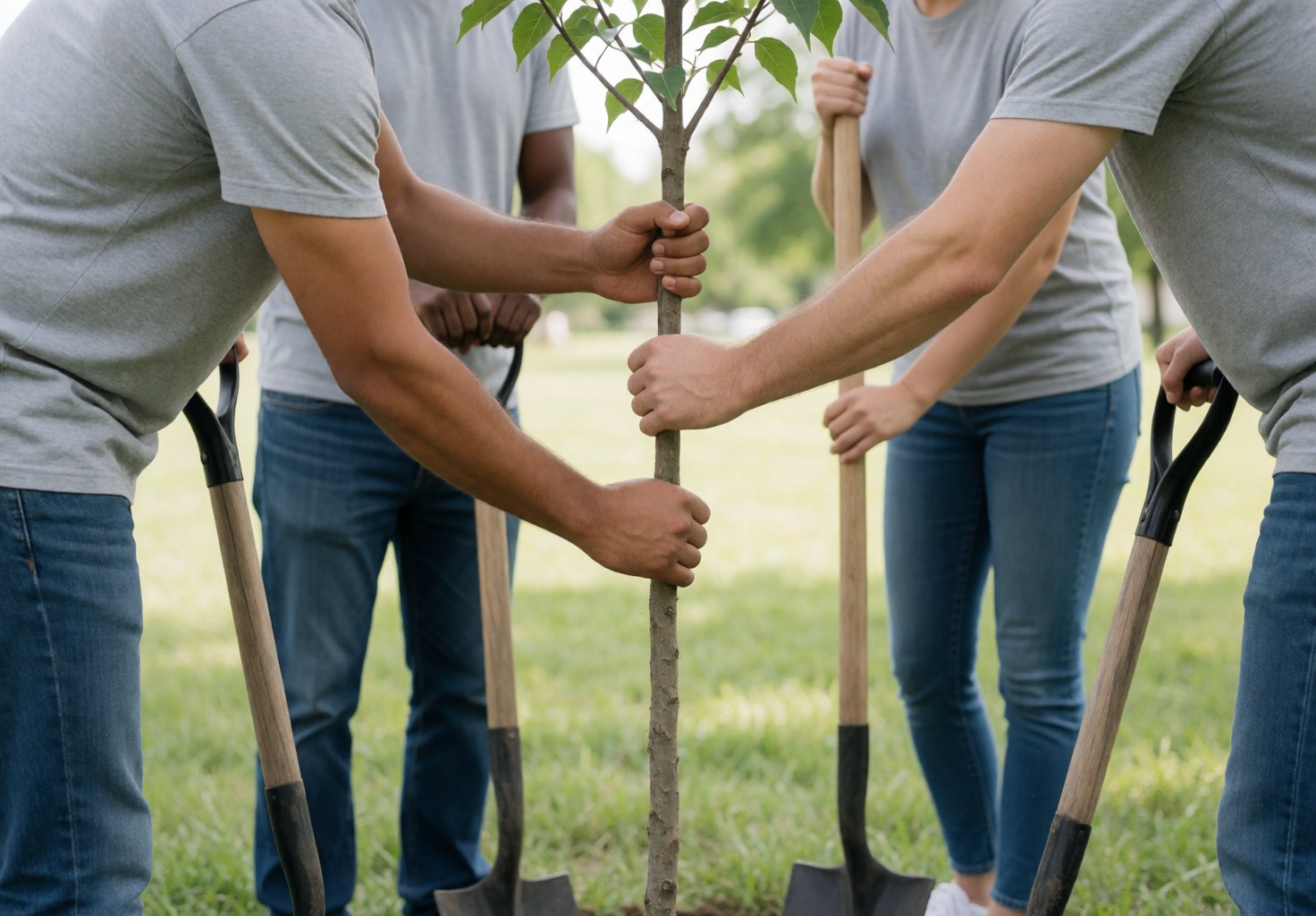 A group of volunteers working together to plant a young tree in a park, using shovels and their hands to dig into the soil on a sunny day.
