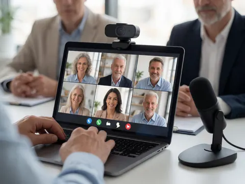 Detailed view of a laptop, webcam, and microphone arranged on a desk for a professional video conference