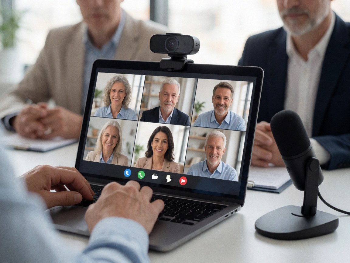 Detailed view of a laptop, webcam, and microphone arranged on a desk for a professional video conference