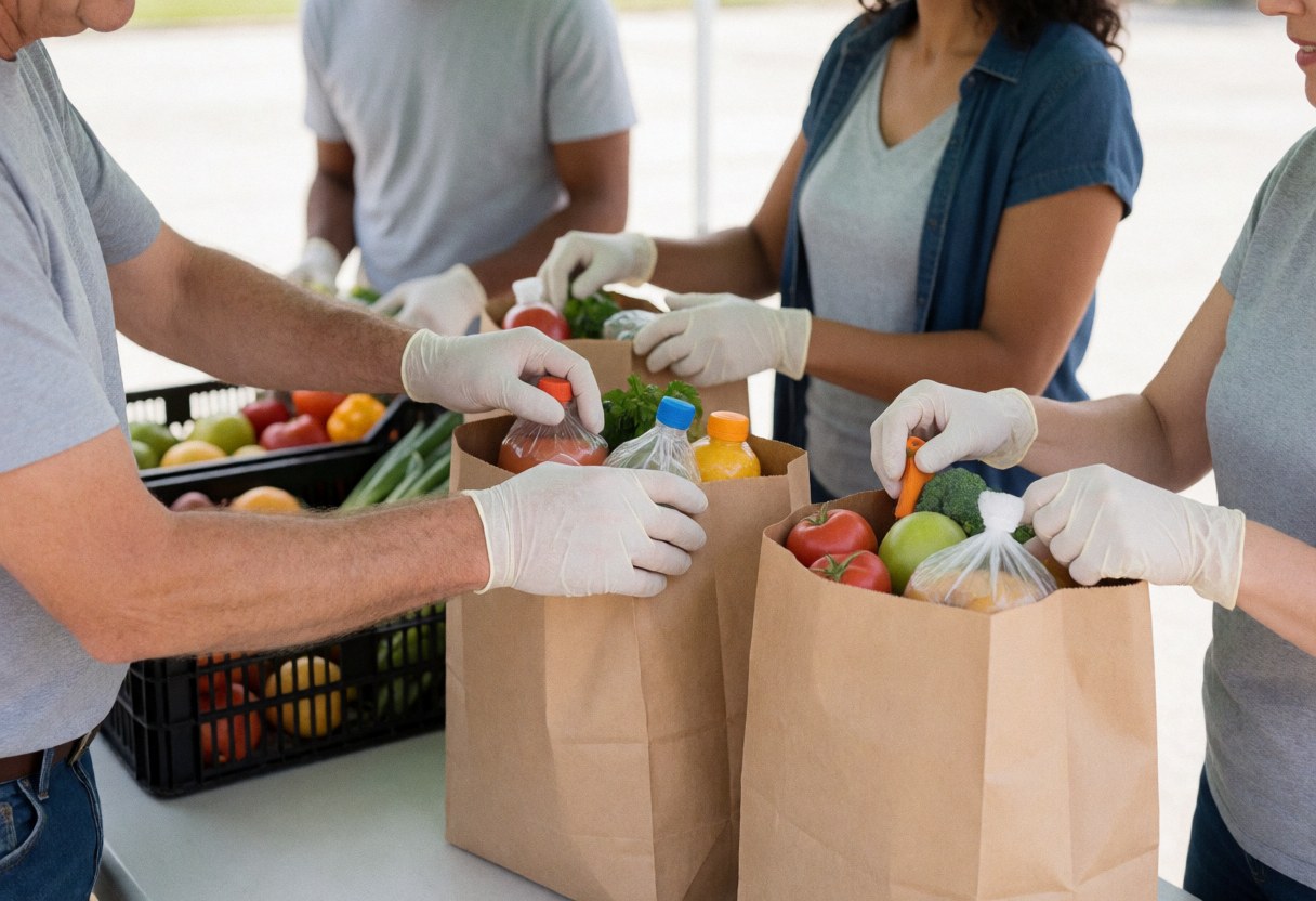 Volunteers wearing gloves pack food bags filled with fruits and vegetables under a canopy with boxes nearby