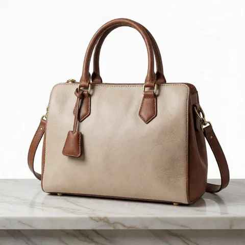 A high-quality leather handbag resting on a polished marble surface, showcasing luxury and elegance for a clothing store product display