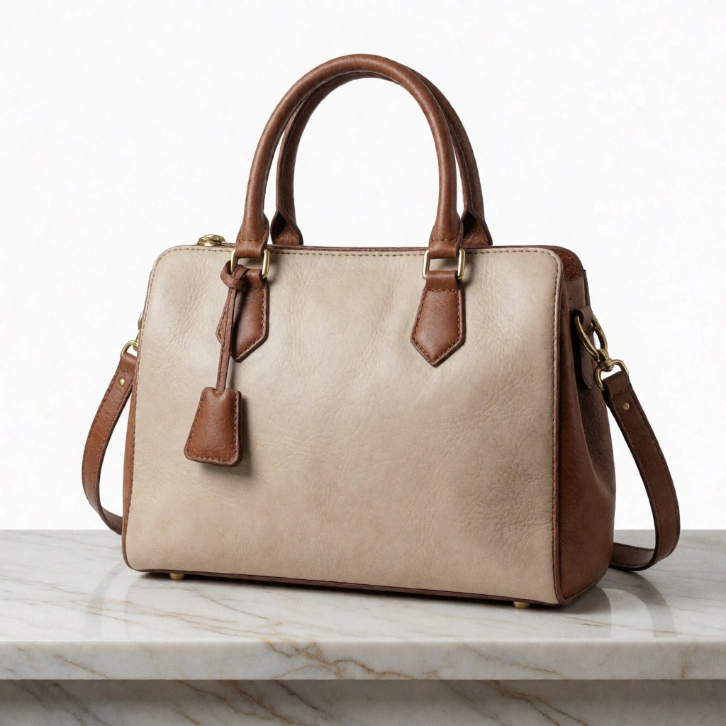 A high-quality leather handbag resting on a polished marble surface, showcasing luxury and elegance for a clothing store product display