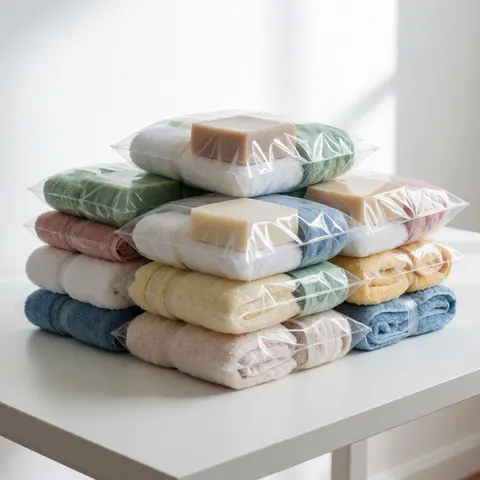A stack of hygiene kits containing towels and soap, prepared for community aid and charity distribution