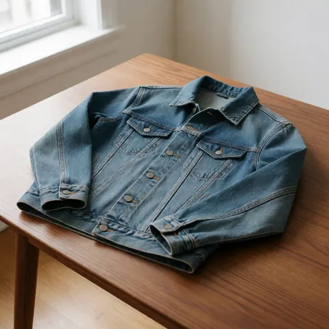 A denim jacket laid flat on a wooden surface against a white background, highlighting the texture, buttons, and pockets for product photography.