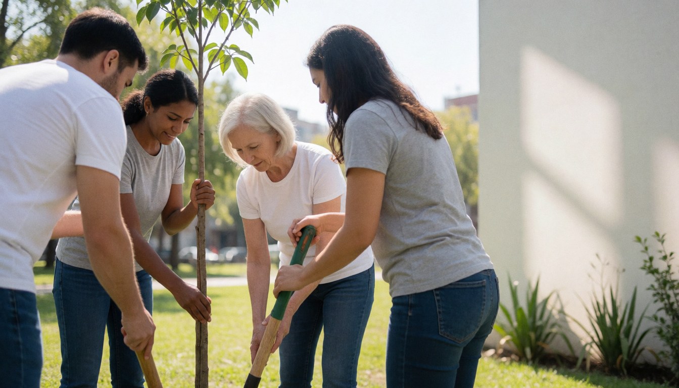A group of volunteers working together to plant young trees in a community park, supporting local sustainability and environmental efforts.