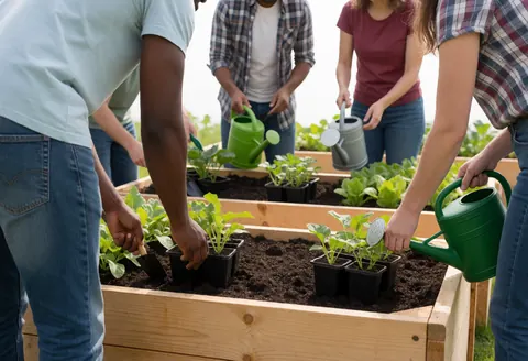 Four people working together planting vegetables in wooden boxes with watering cans and tools under bright sunlight