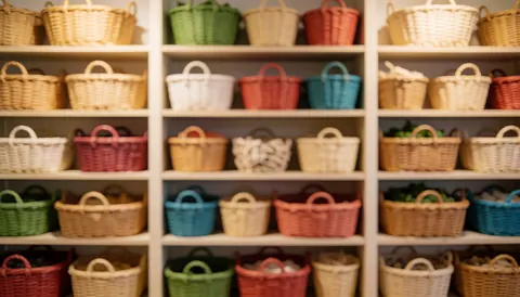 A shelf holding colorful woven baskets with a soft warm background, ideal for text overlays in community or nonprofit projects.
