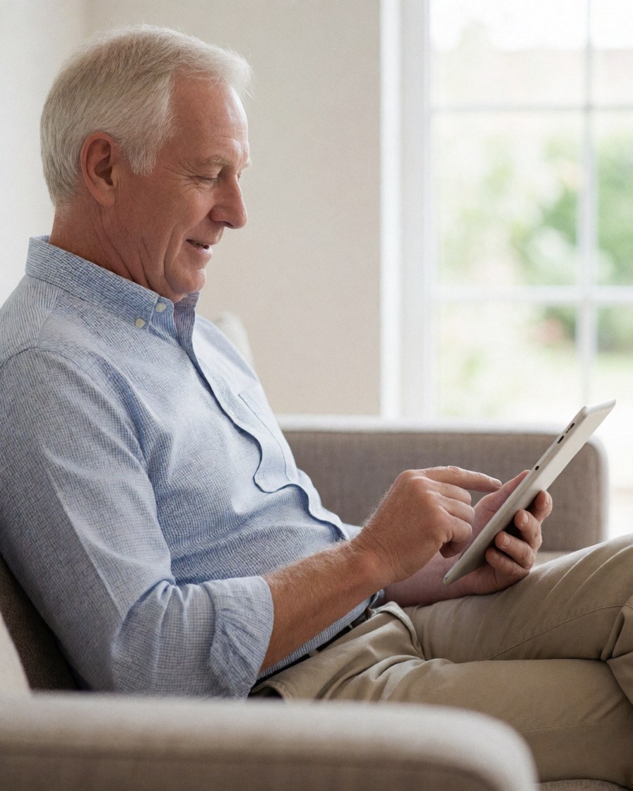 A relaxed older man sitting on a sofa at home, smiling while using a tablet for remote work and video calls in natural light