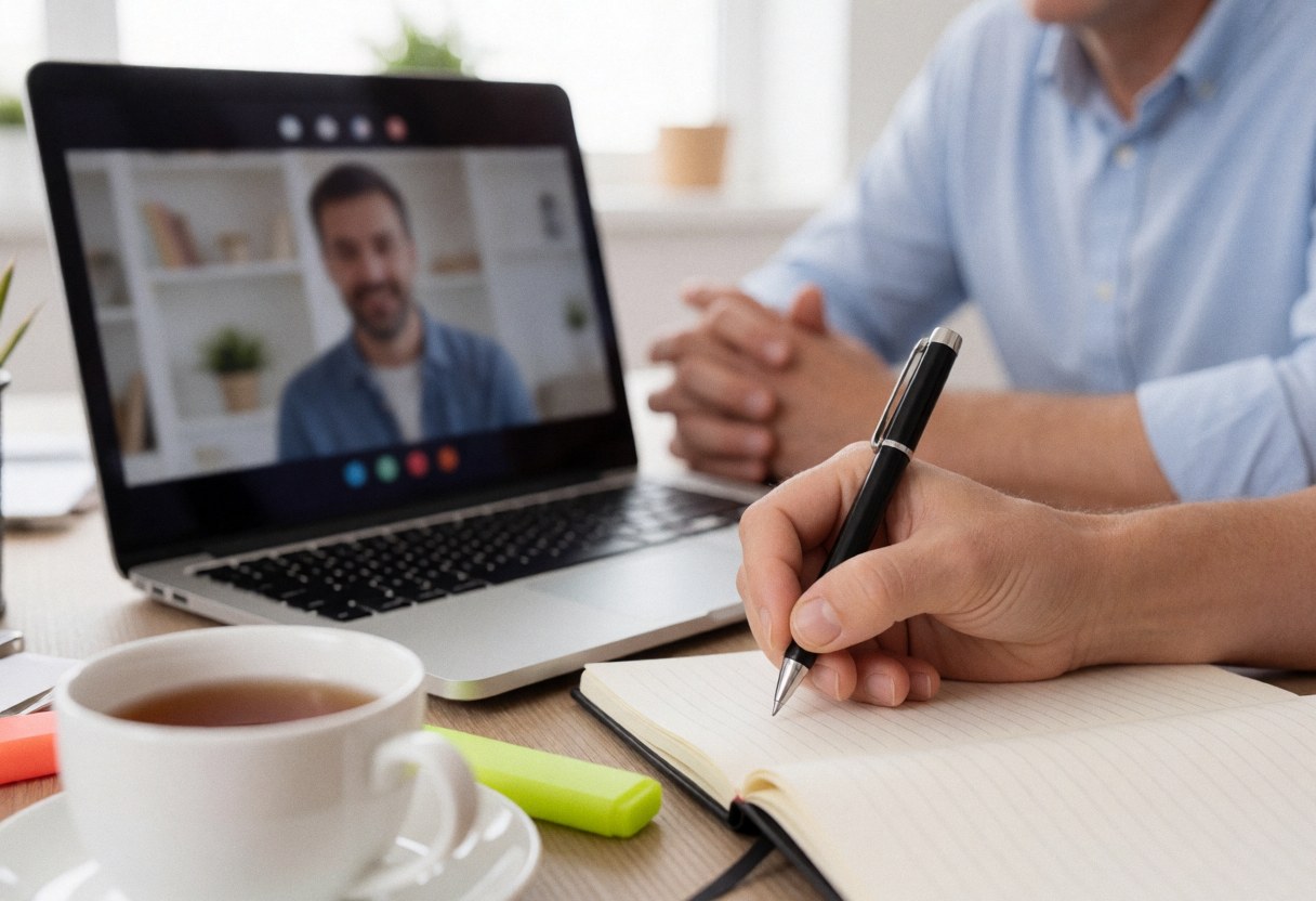 A person writes in a notebook while on a video call, with a laptop, tea mug, and marker on the desk.