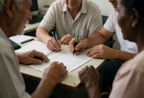 Two volunteers assist an older adult seated at a desk to complete a form using pencils, demonstrating community service and empathy.