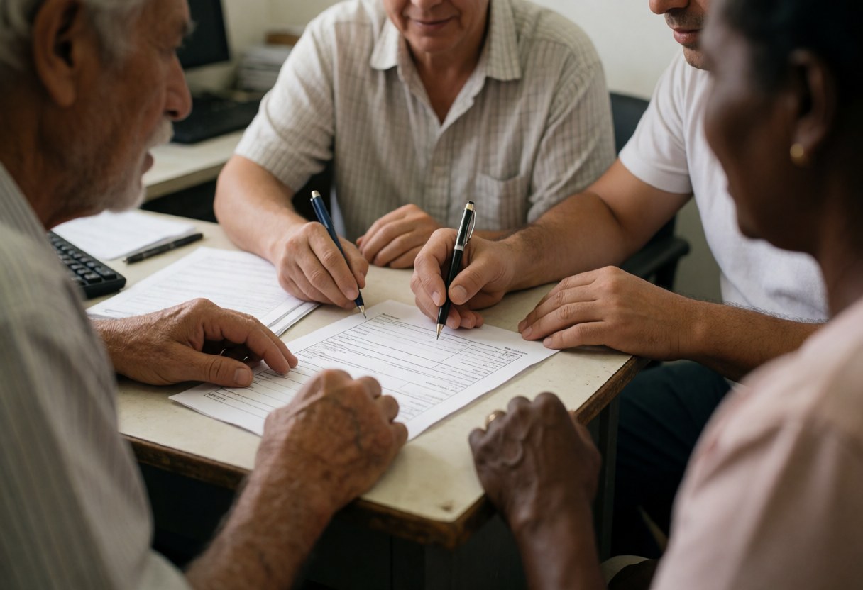 Two volunteers assist an older adult seated at a desk to complete a form using pencils, demonstrating community service and empathy.