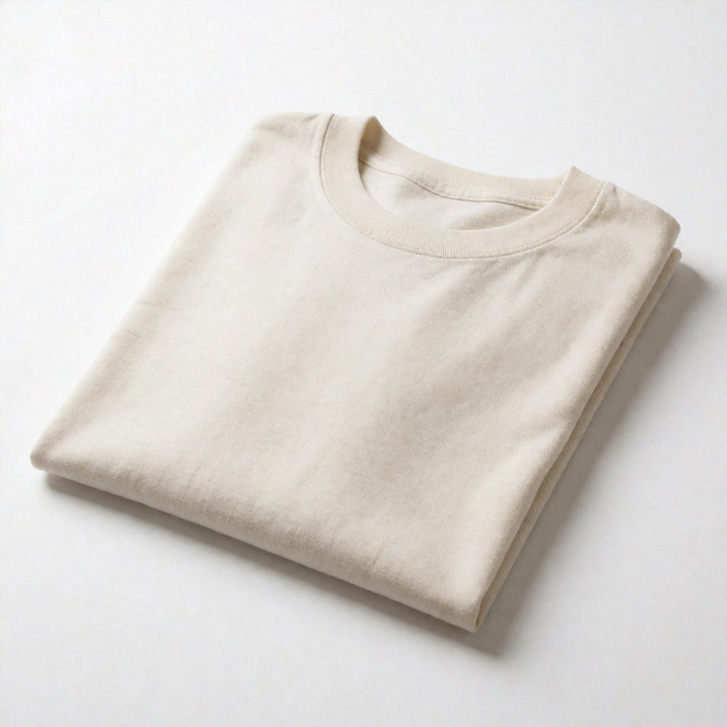 A plain white cotton t-shirt folded neatly on a clean white background, ideal for clothing store product photography and e-commerce listings.