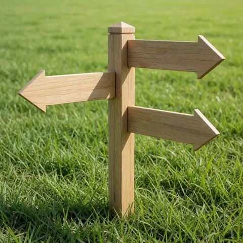 Wooden signpost with green arrows pointing to community services, set against a vibrant green garden background in bright daylight
