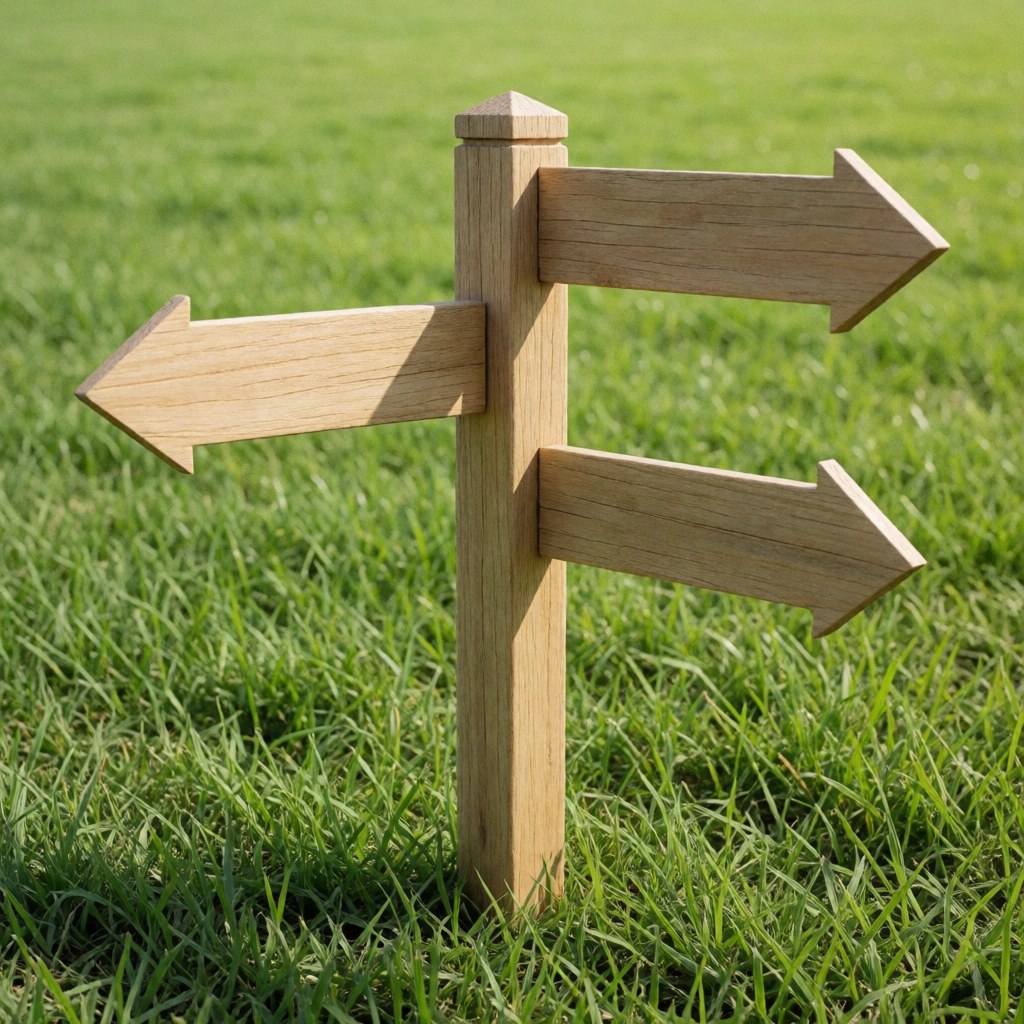 Wooden signpost with green arrows pointing to community services, set against a vibrant green garden background in bright daylight