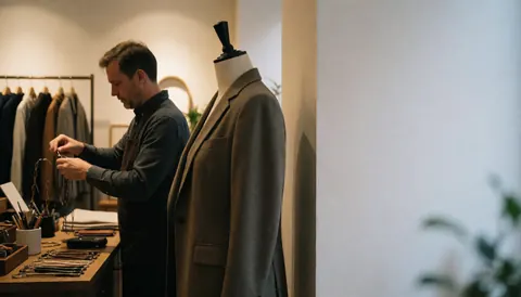 A clothing store owner organizes accessories on a table with a mannequin wearing a blazer in the foreground and warm lighting against a white wall.