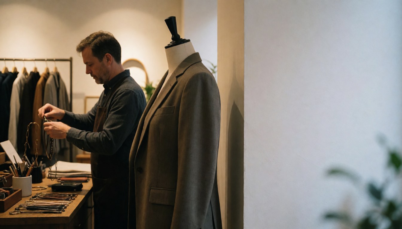 A clothing store owner organizes accessories on a table with a mannequin wearing a blazer in the foreground and warm lighting against a white wall.
