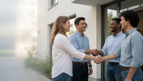 A group of diverse adults shaking hands and smiling outside a modern community center building, representing collaboration and teamwork.