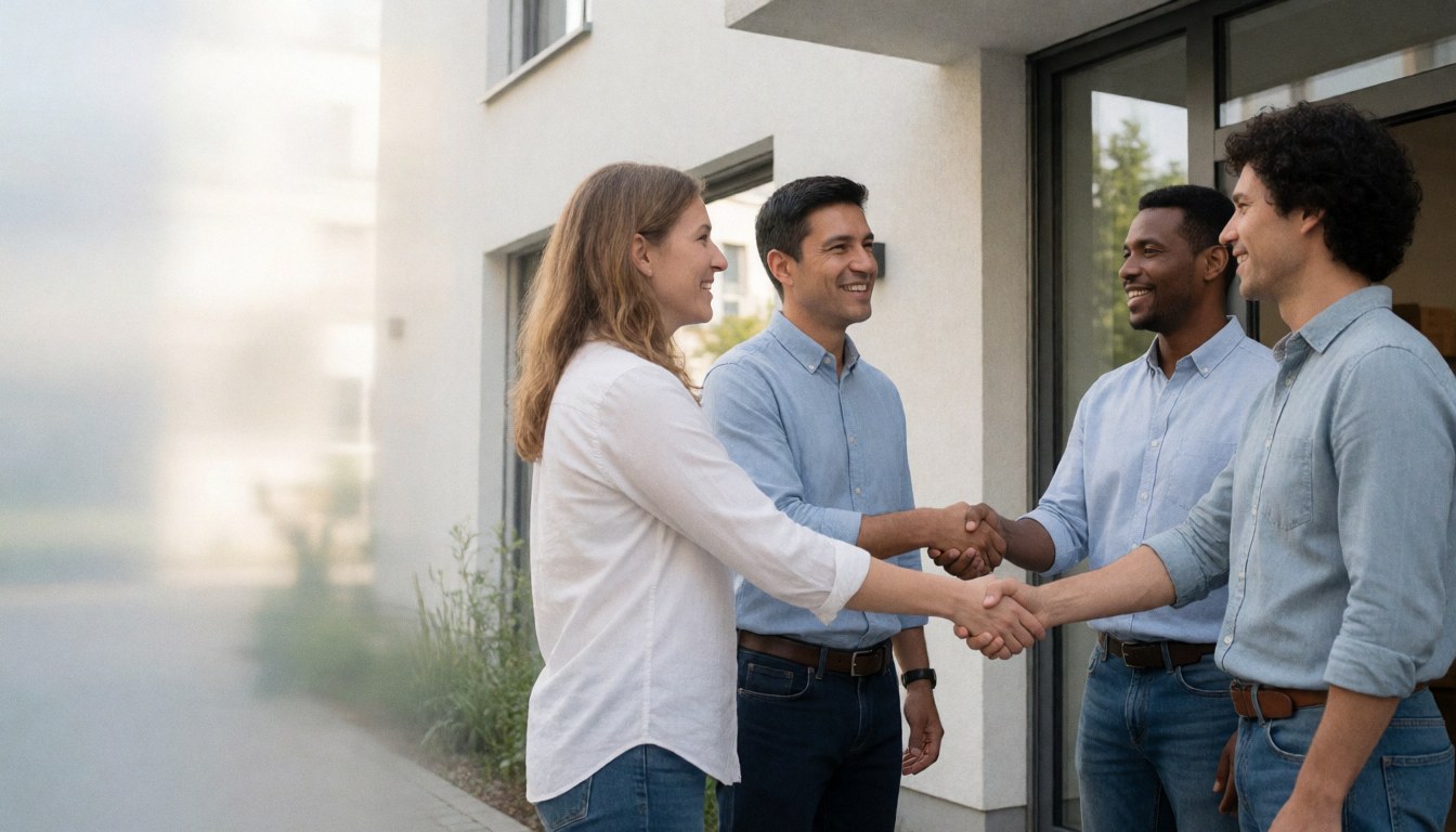 A group of diverse adults shaking hands and smiling outside a modern community center building, representing collaboration and teamwork.