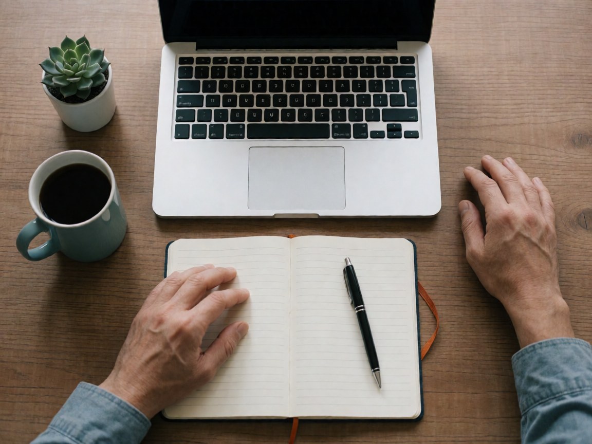Wooden desk setup for remote work featuring a laptop, notebook, pen, coffee mug, and small plant in natural light