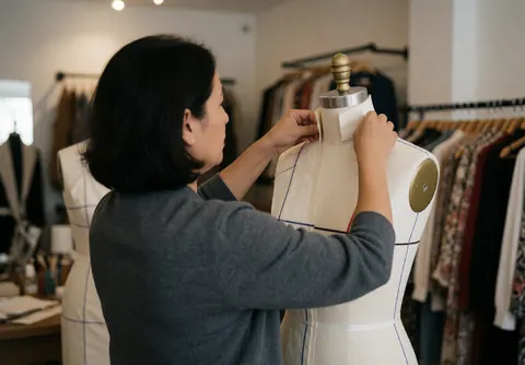 A seamstress adjusts a pattern on a mannequin in a clothing store with soft lighting and hangers in the background.
