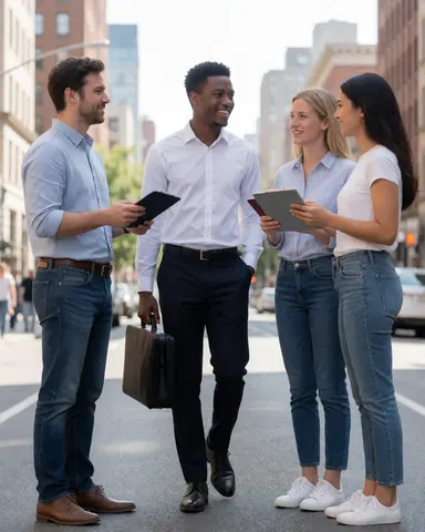 A young professional walks down an urban street while smiling and talking with three colleagues holding documents and briefcases in a collaborative setting.