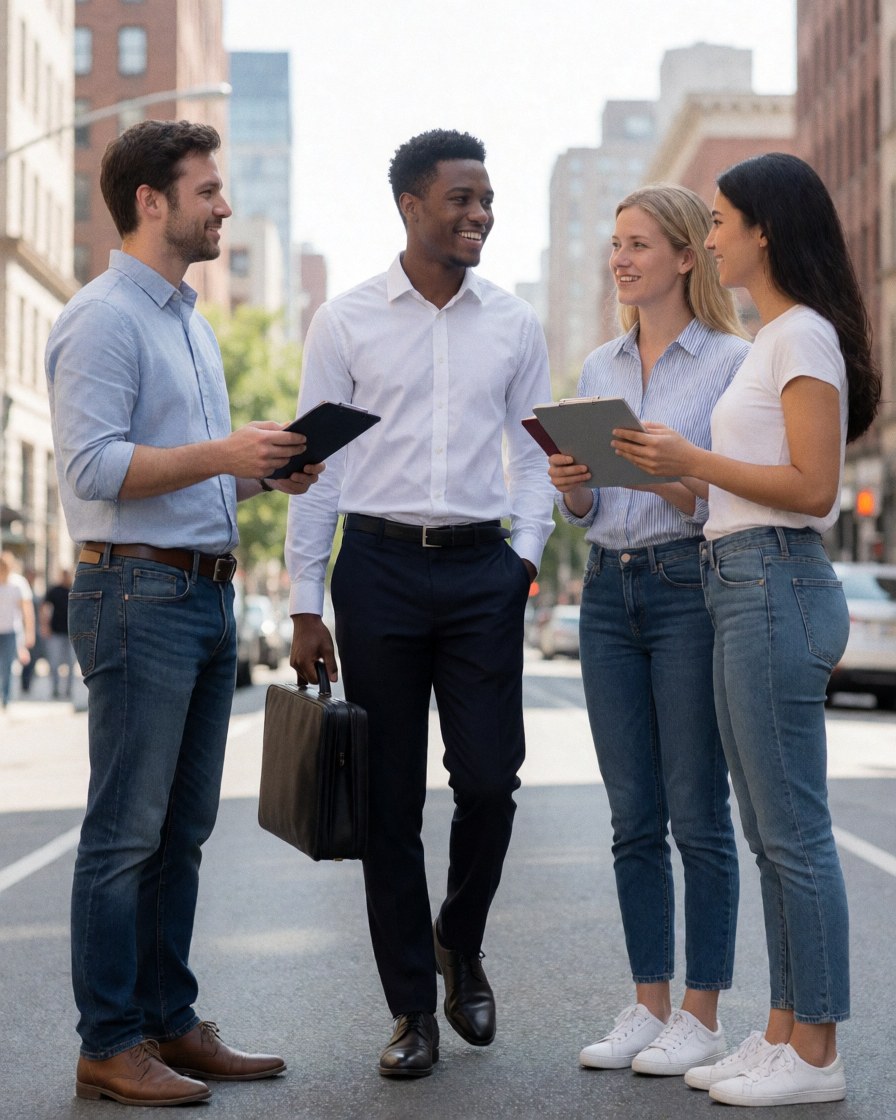 A young professional walks down an urban street while smiling and talking with three colleagues holding documents and briefcases in a collaborative setting.