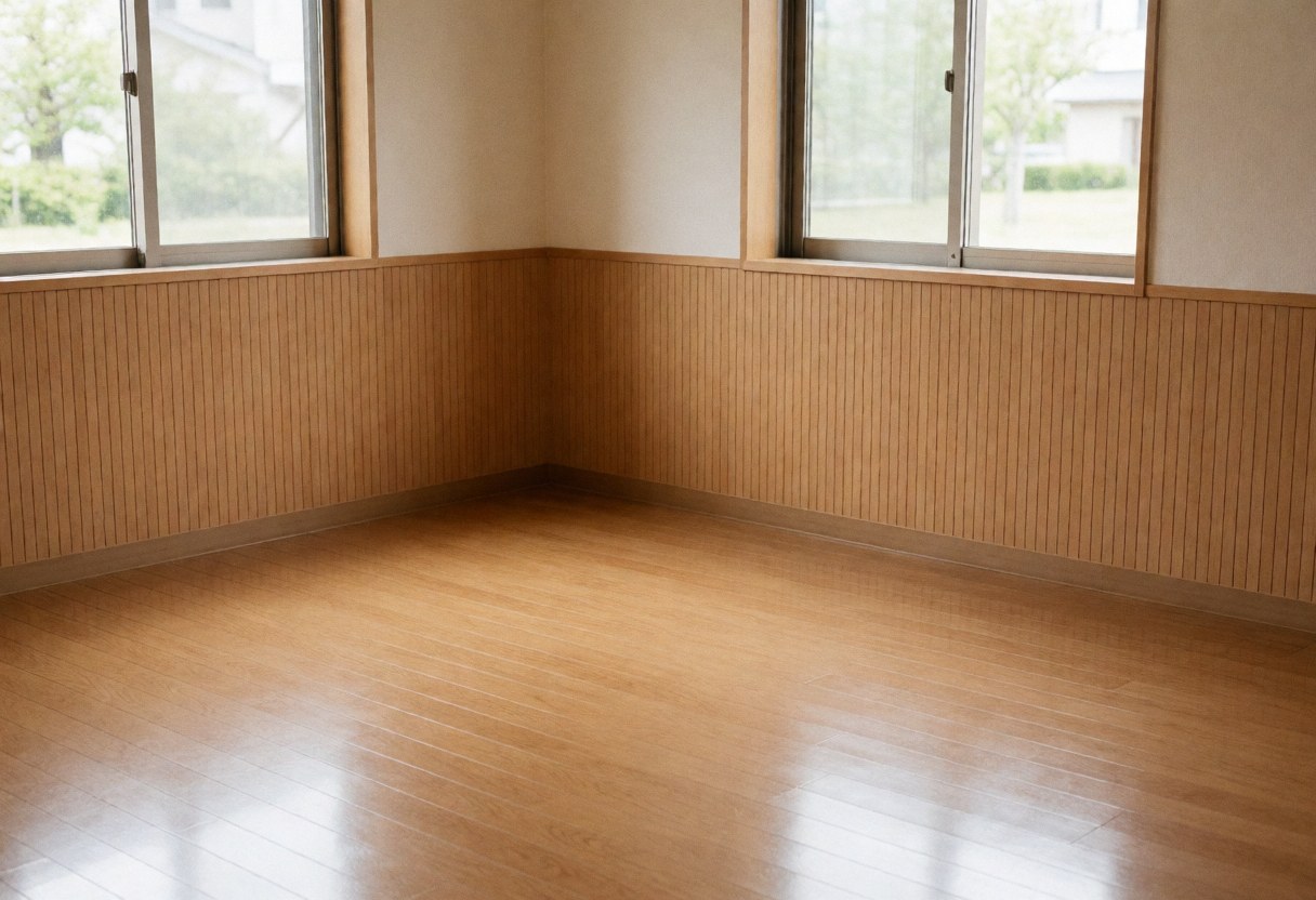 Clean empty office featuring polished wood flooring, wood slat walls, and windows letting in natural light for a modern workspace.