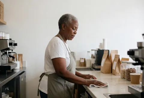An older woman wearing an apron wipes down a coffee shop counter with a towel, with coffee machines and bags visible against white walls.