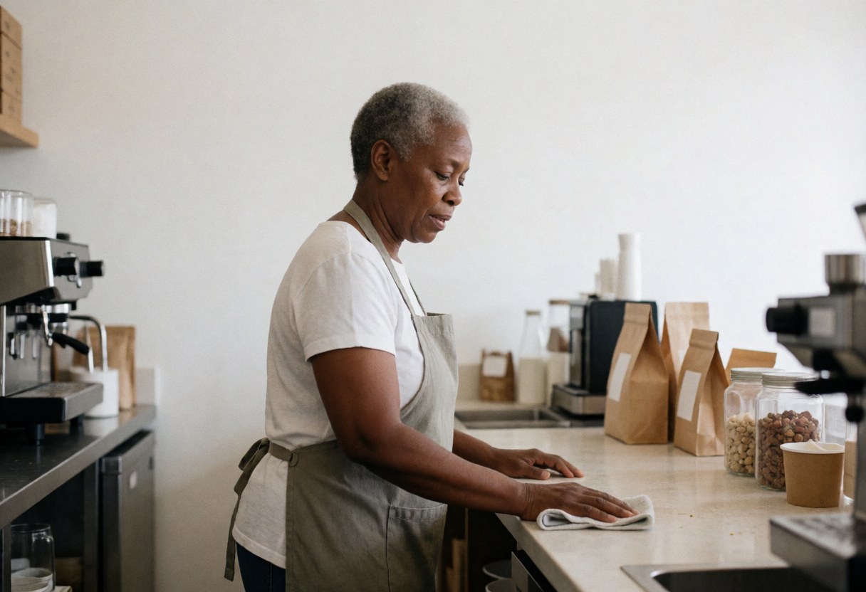 An older woman wearing an apron wipes down a coffee shop counter with a towel, with coffee machines and bags visible against white walls.