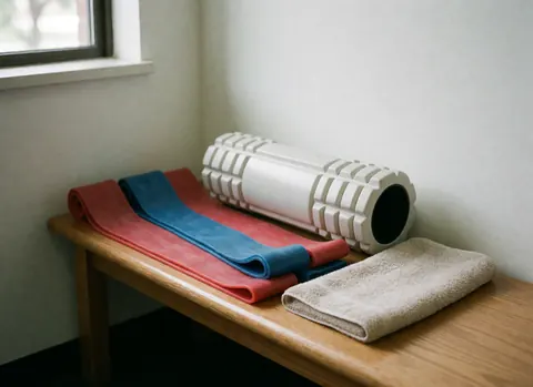 Red and blue resistance bands, white foam roller, and beige towel arranged on a wooden bench near a window with natural light.