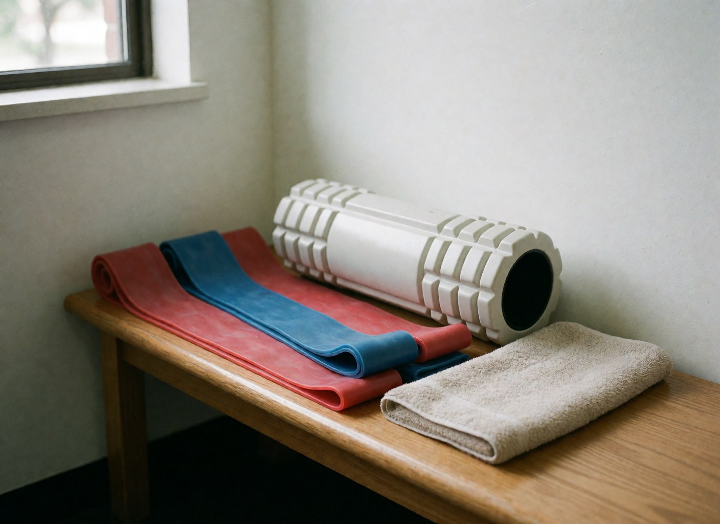 Red and blue resistance bands, white foam roller, and beige towel arranged on a wooden bench near a window with natural light.