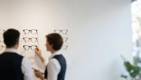 A clean white background featuring minimalist eyeglasses and frames, ideal for optical store marketing and professional design projects.