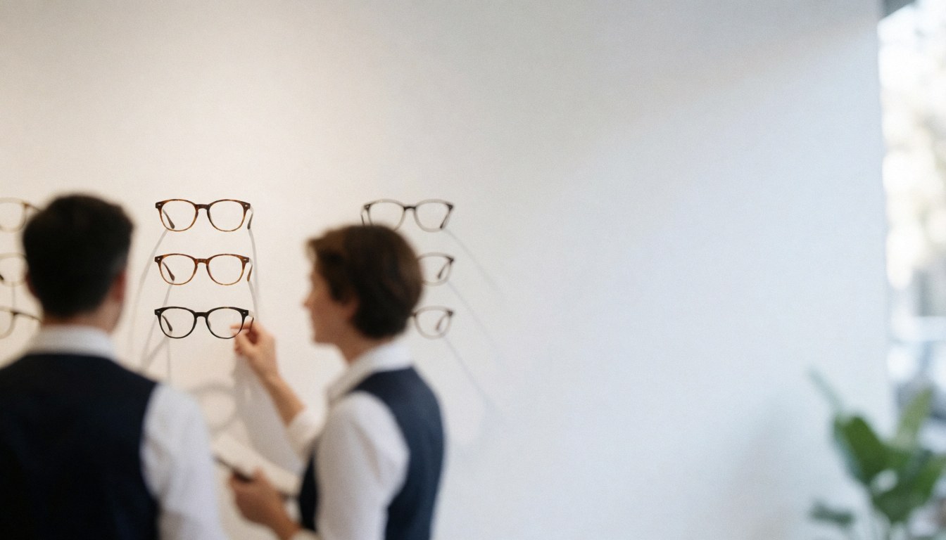 A clean white background featuring minimalist eyeglasses and frames, ideal for optical store marketing and professional design projects.