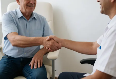 A medical professional and a patient smiling and shaking hands during a clinical consultation in a warm, professional environment.