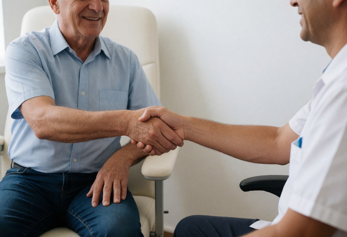 A medical professional and a patient smiling and shaking hands during a clinical consultation in a warm, professional environment.