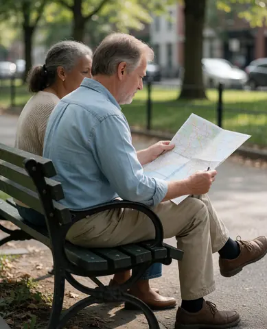 A happy couple sitting at a park bench looking at a city map while planning their next travel destination together