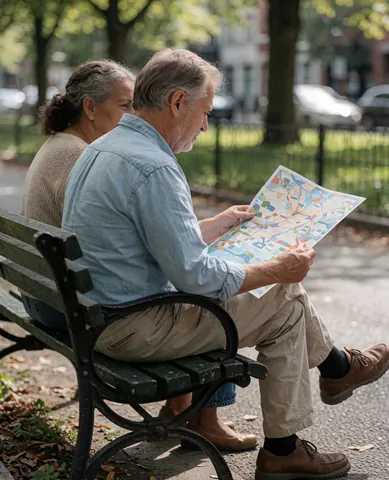 A happy couple sitting at a park bench looking at a city map while planning their next travel destination together